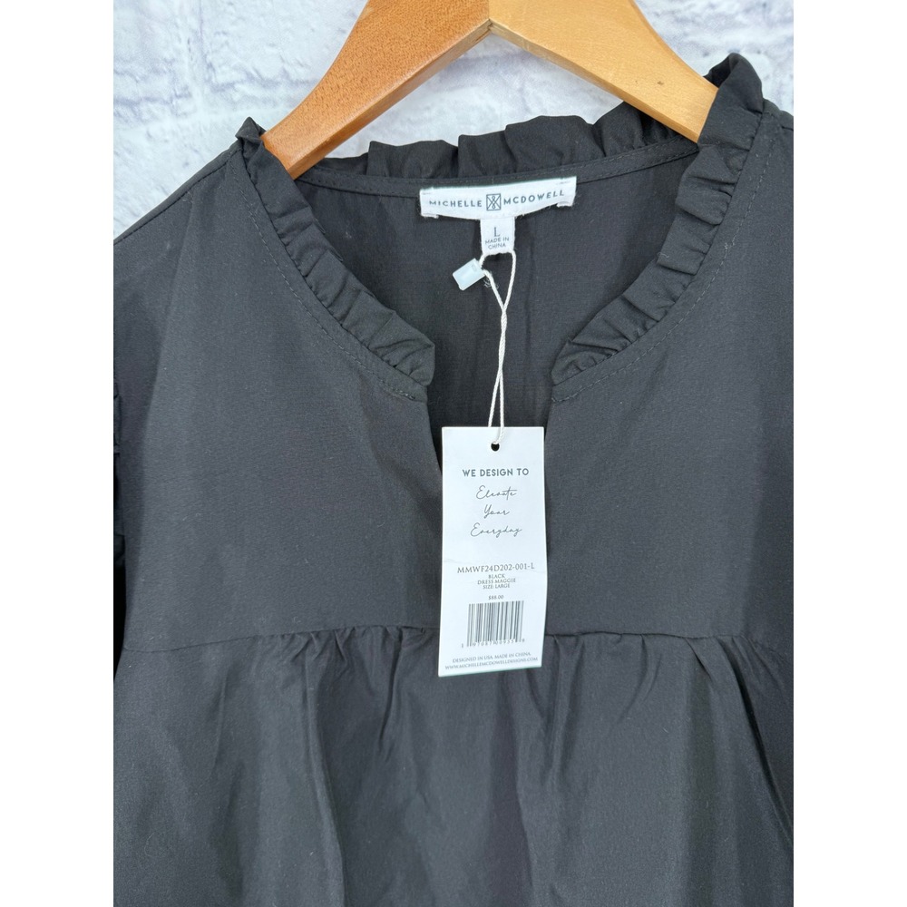 Michelle McDowell Maggie Black Puff Sleeve Ruffle Neck Mini Dress Size L NWT - Picture 4 of 9
